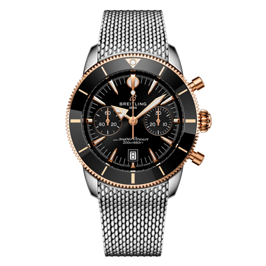 Breitling Superocean Chronograph black dial two-tone watch with rose gold accents and stainless steel mesh bracelet.