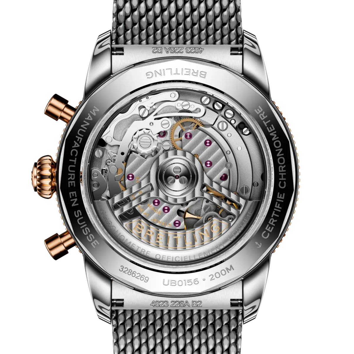 case back of Breitling Superocean Chronograph featuring engraved branding and solid construction
