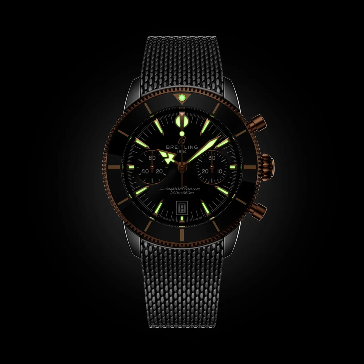 Breitling Superocean Chronograph black dial watch glowing in the dark with luminous hands, markers and bezel pip for enhanced
