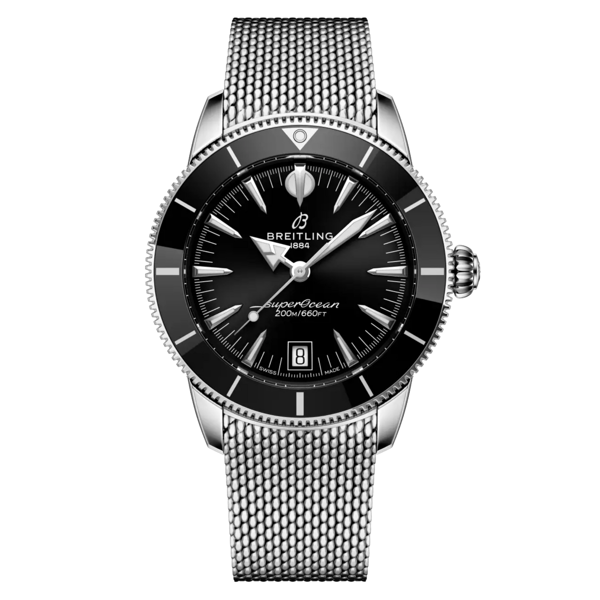 Breitling Superocean Heritage black dial stainless steel mesh bracelet watch