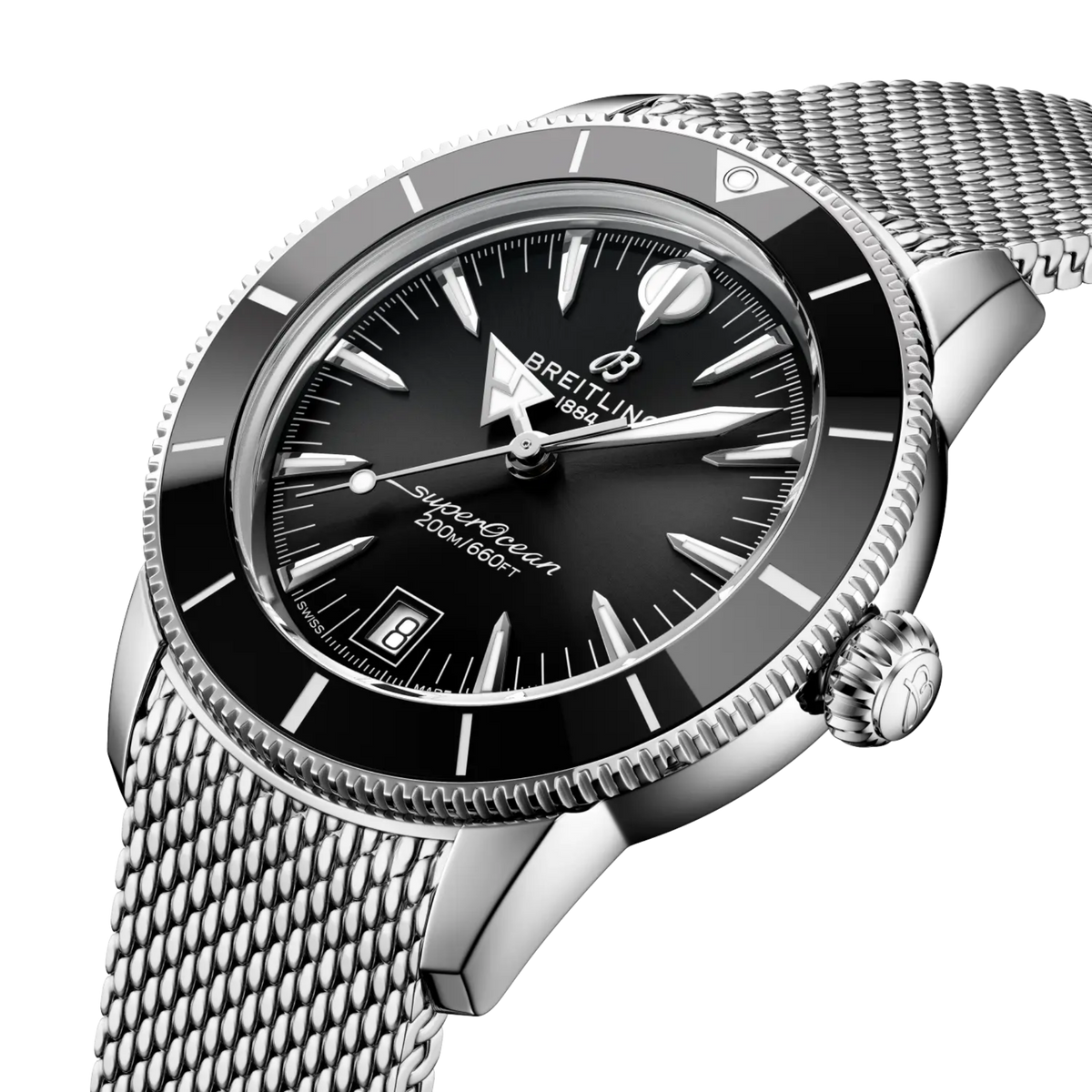side view of Breitling Superocean Heritage stainless steel case black ceramic bezel mesh bracelet detail