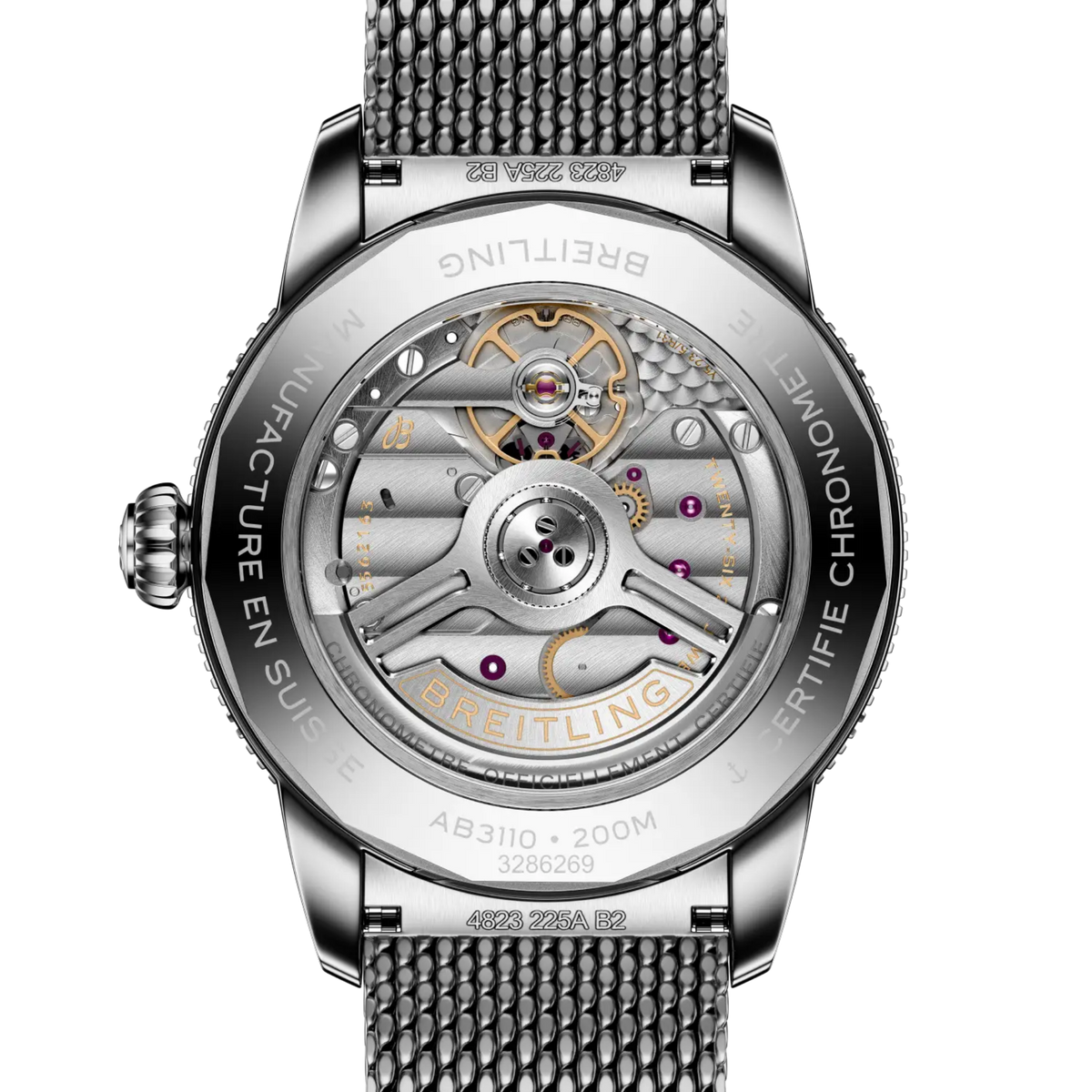 case back of Breitling Superocean Heritage stainless steel watch engraved 200m water resistance
