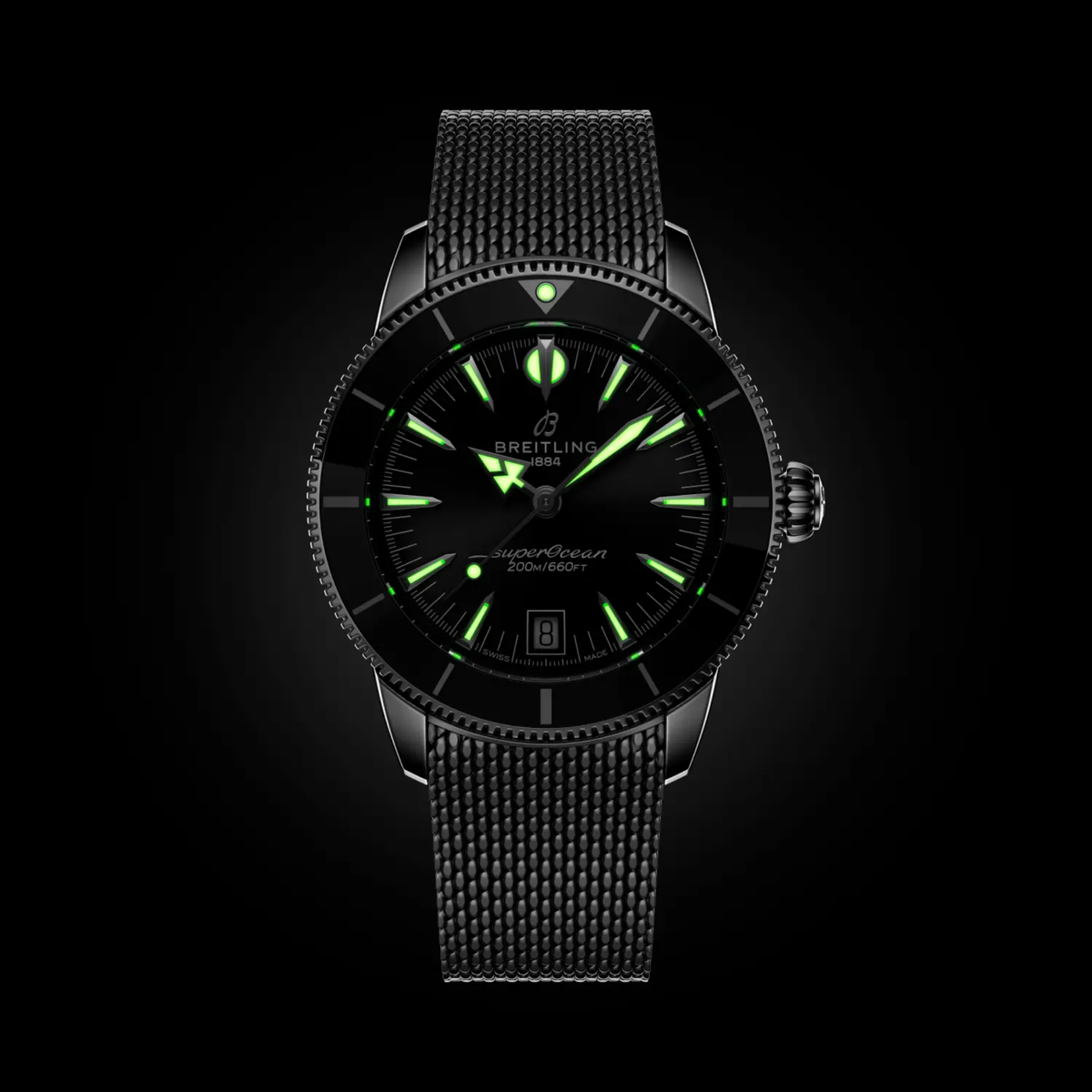 Breitling Superocean Heritage black dial mesh bracelet watch on wrist vintage style diver watch