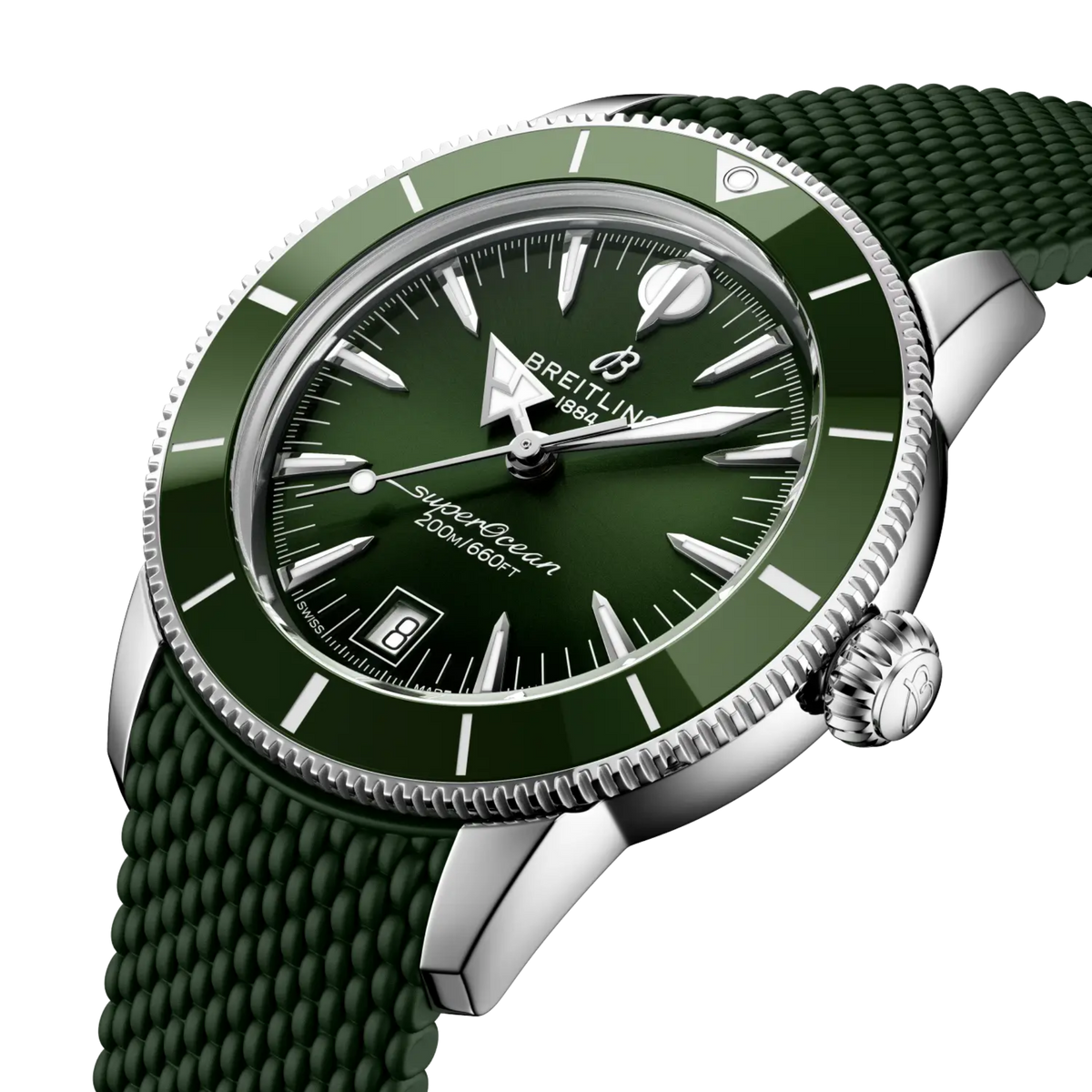 side view of Breitling Superocean stainless steel case showing the slim profile and polished crown detailing
