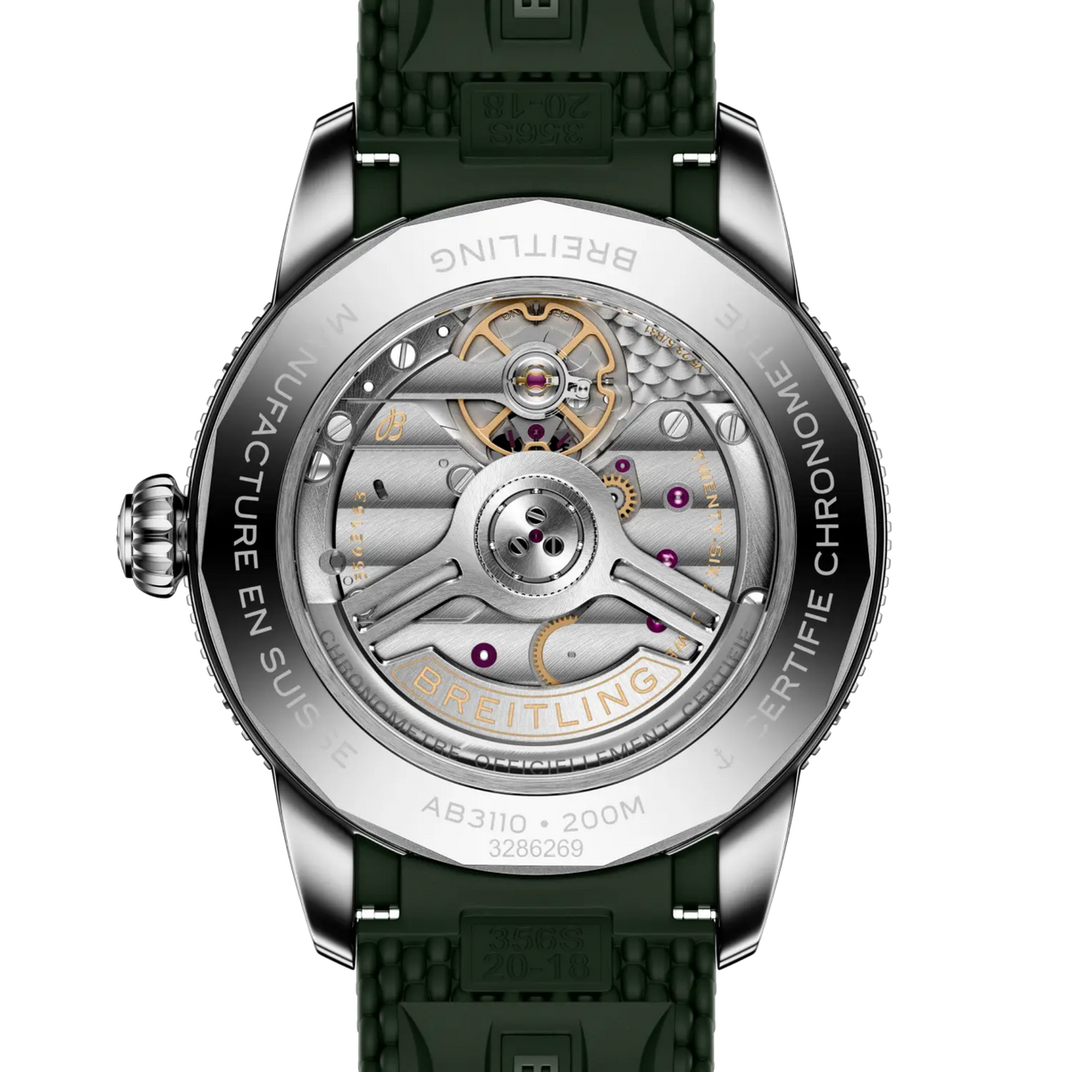 case back of Breitling Superocean Automatic featuring engraved branding and solid steel construction