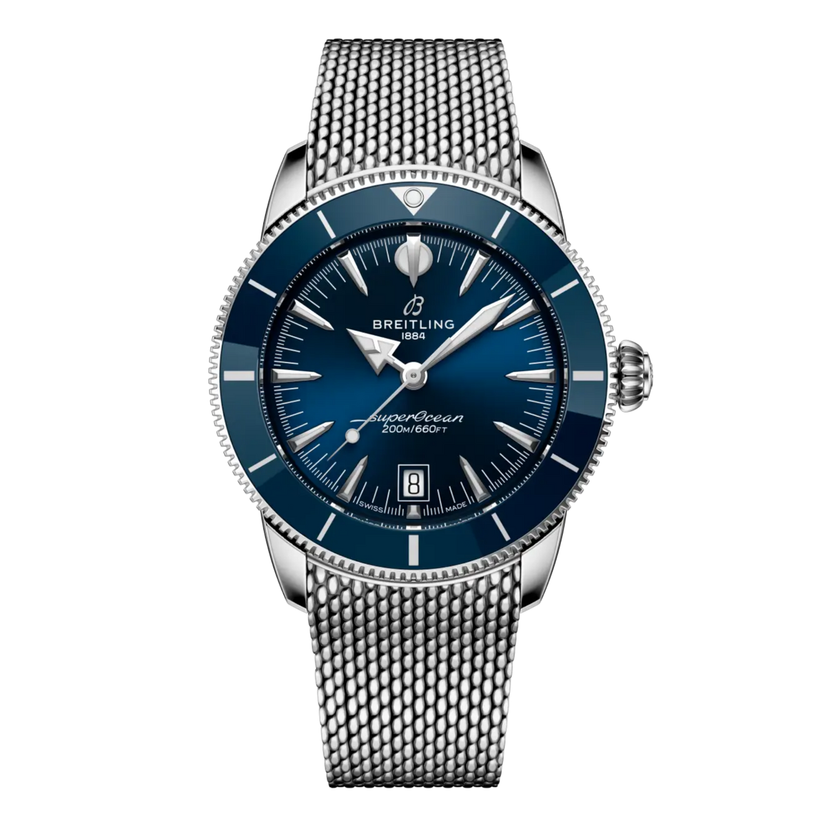 Breitling Superocean Heritage blue dial stainless steel mesh bracelet watch