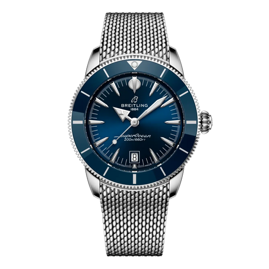 Breitling Superocean Heritage blue dial stainless steel mesh bracelet watch