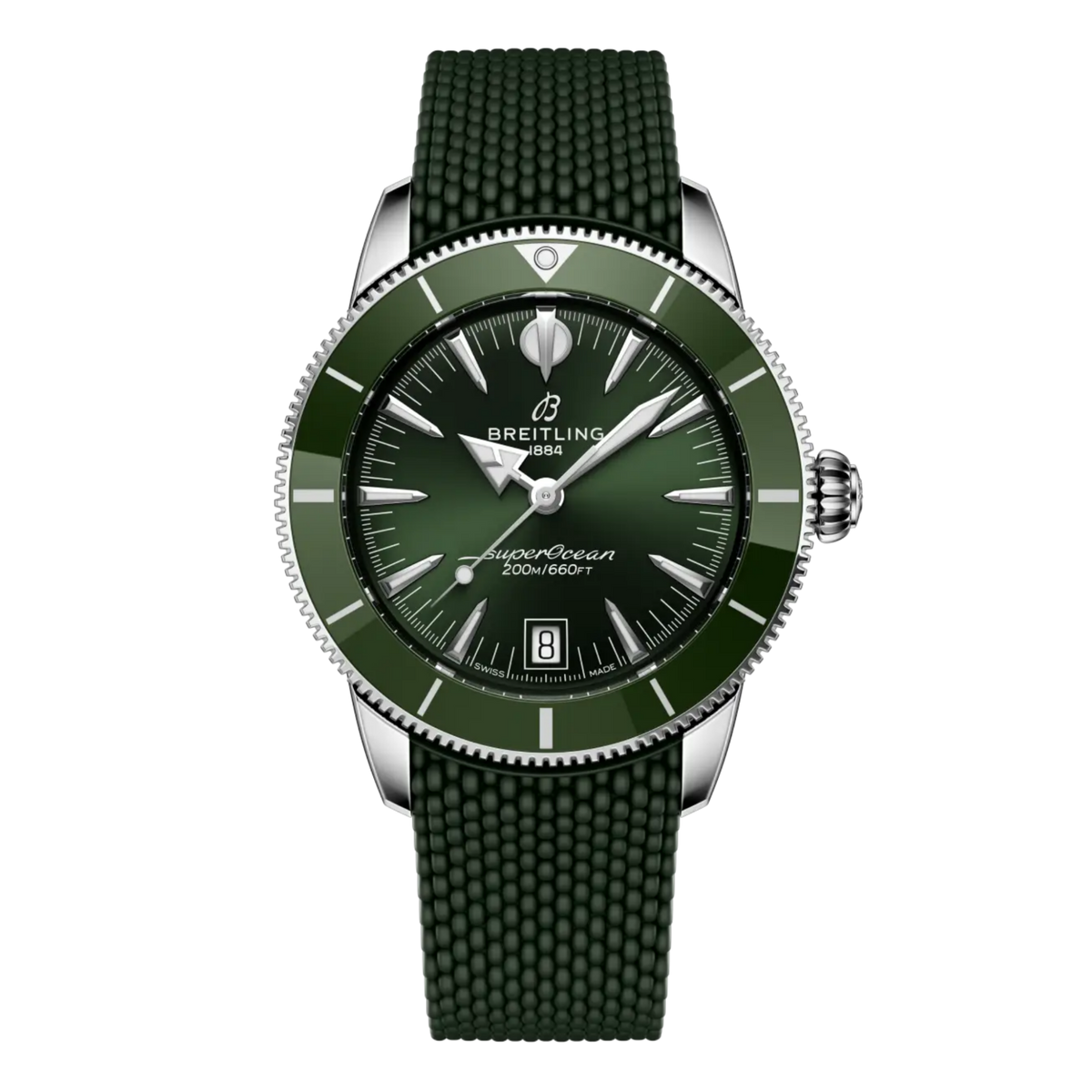 Breitling Superocean Automatic green dial watch with matching green rubber strap and unidirectional bezel