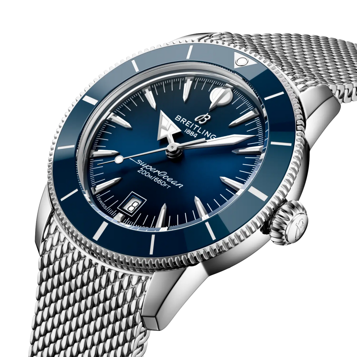 side view of Breitling Superocean Heritage stainless steel case blue bezel mesh bracelet detail