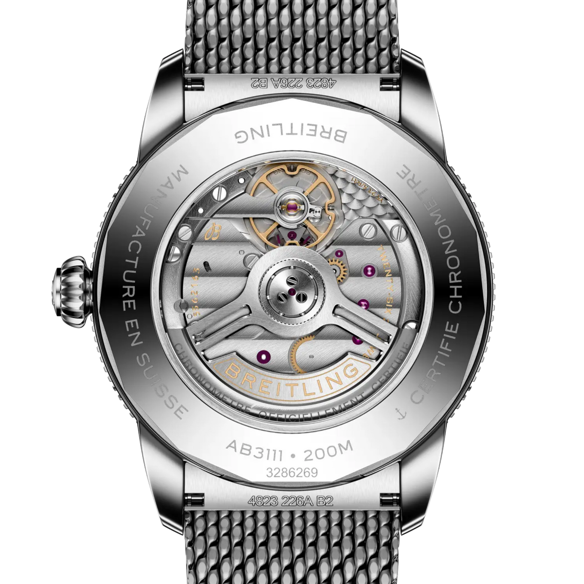 case back of Breitling Superocean Heritage stainless steel watch engraved 200m water resistant