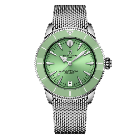 Breitling Superocean green dial stainless steel mesh bracelet watch with matching green ceramic bezel