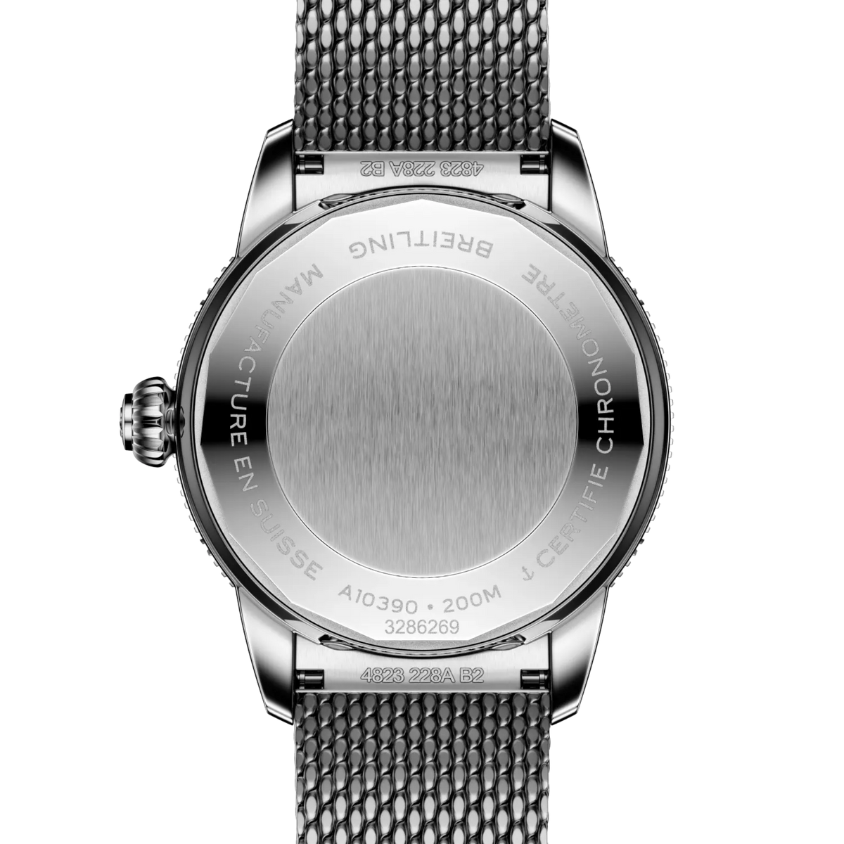 case back of Breitling Superocean stainless steel watch with engraved specifications