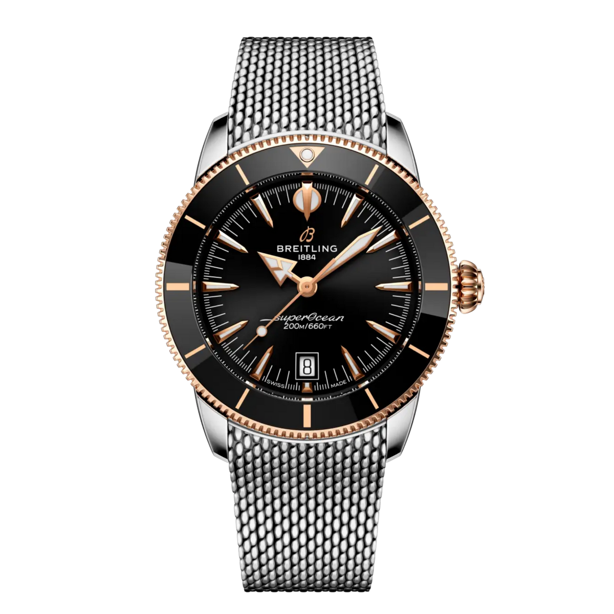 Breitling Superocean Heritage black dial two tone steel and rose gold mesh bracelet watch
