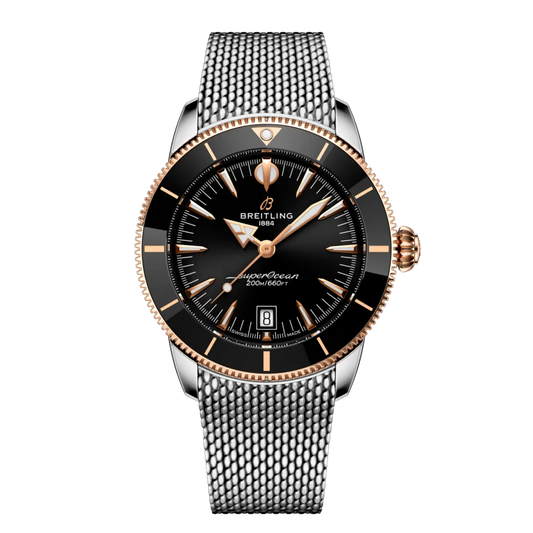 Breitling Superocean Heritage black dial two tone steel and rose gold mesh bracelet watch