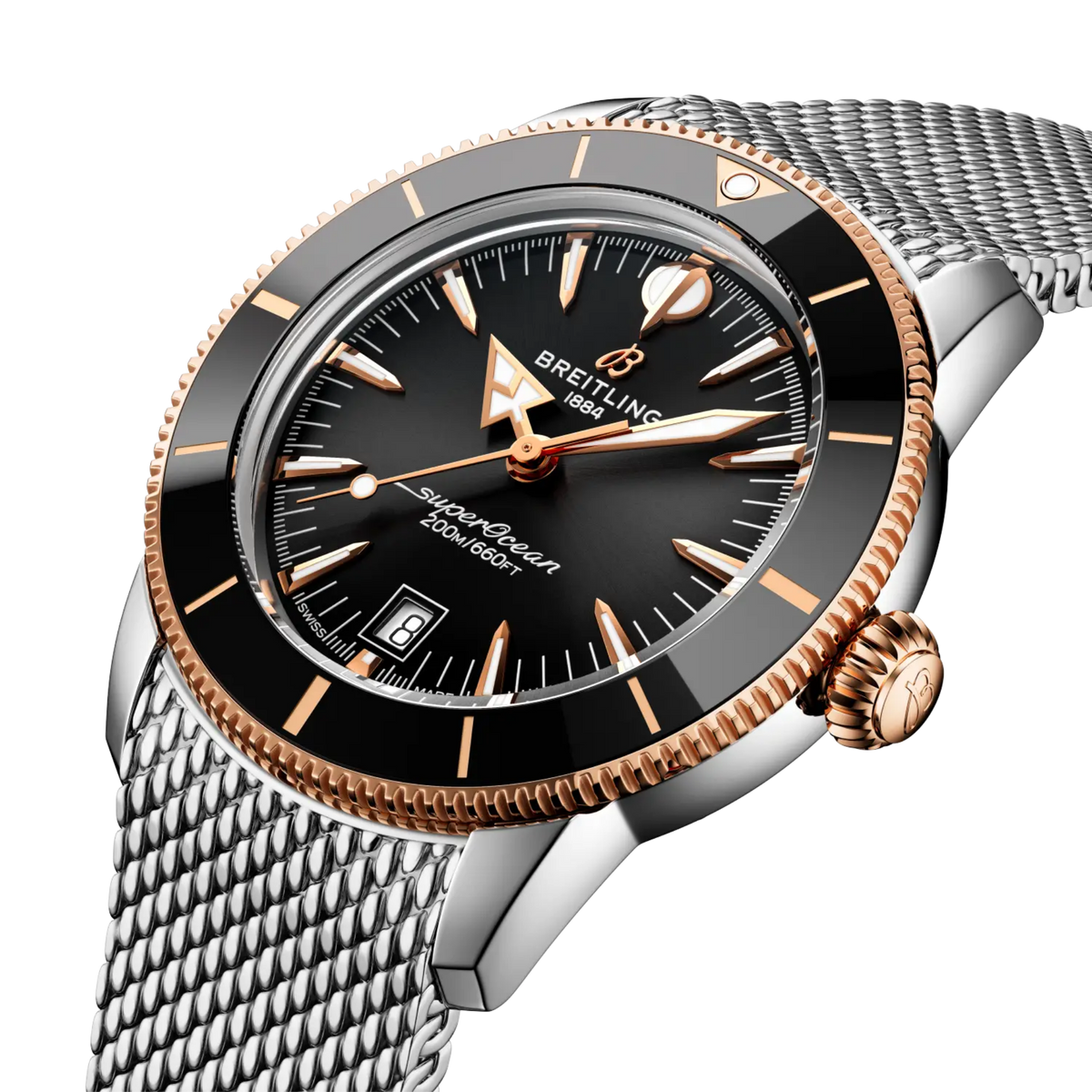 side view of Breitling Superocean Heritage two tone case rose gold bezel edge crown detail mesh bracelet
