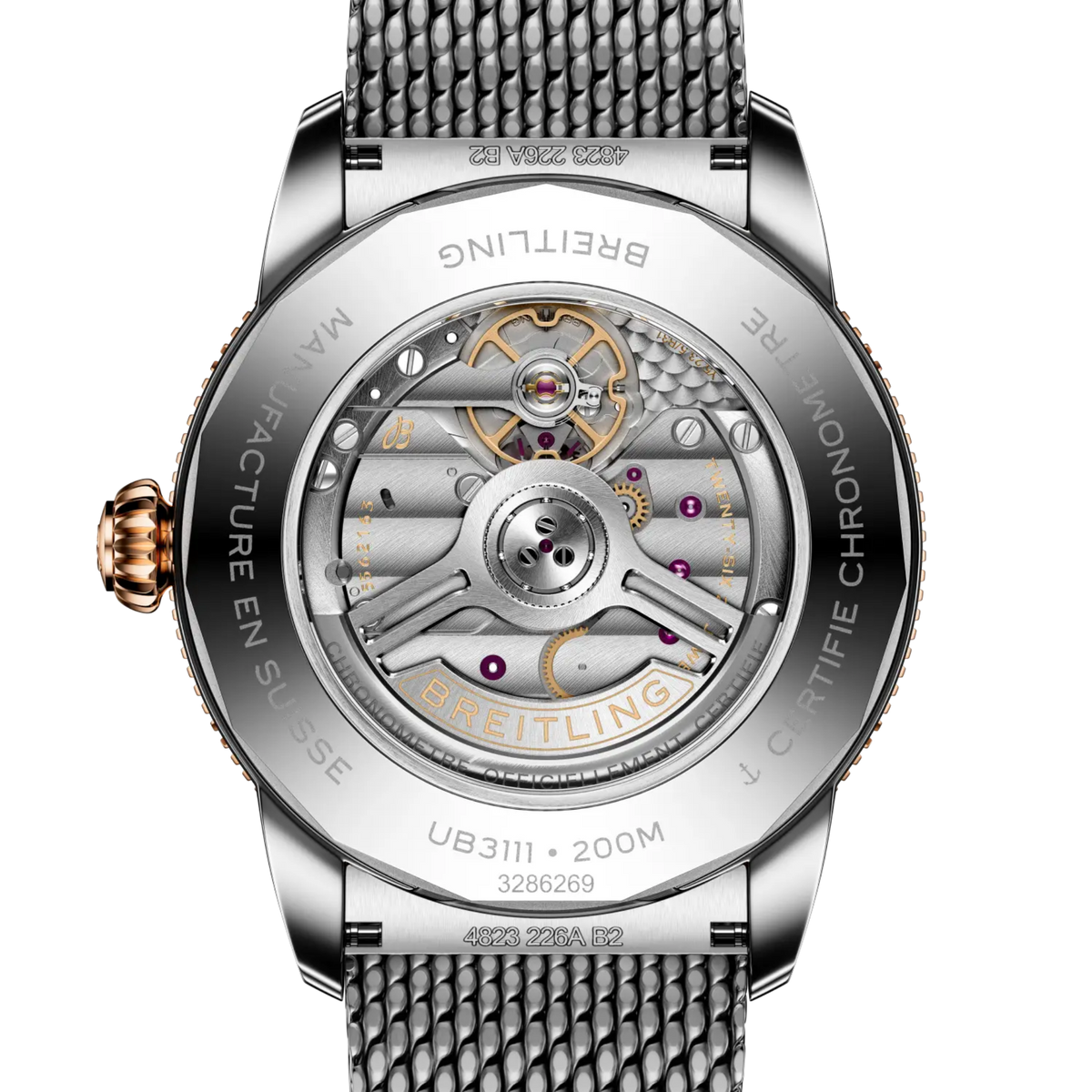 case back of Breitling Superocean Heritage stainless steel watch engraved 200m water resistance