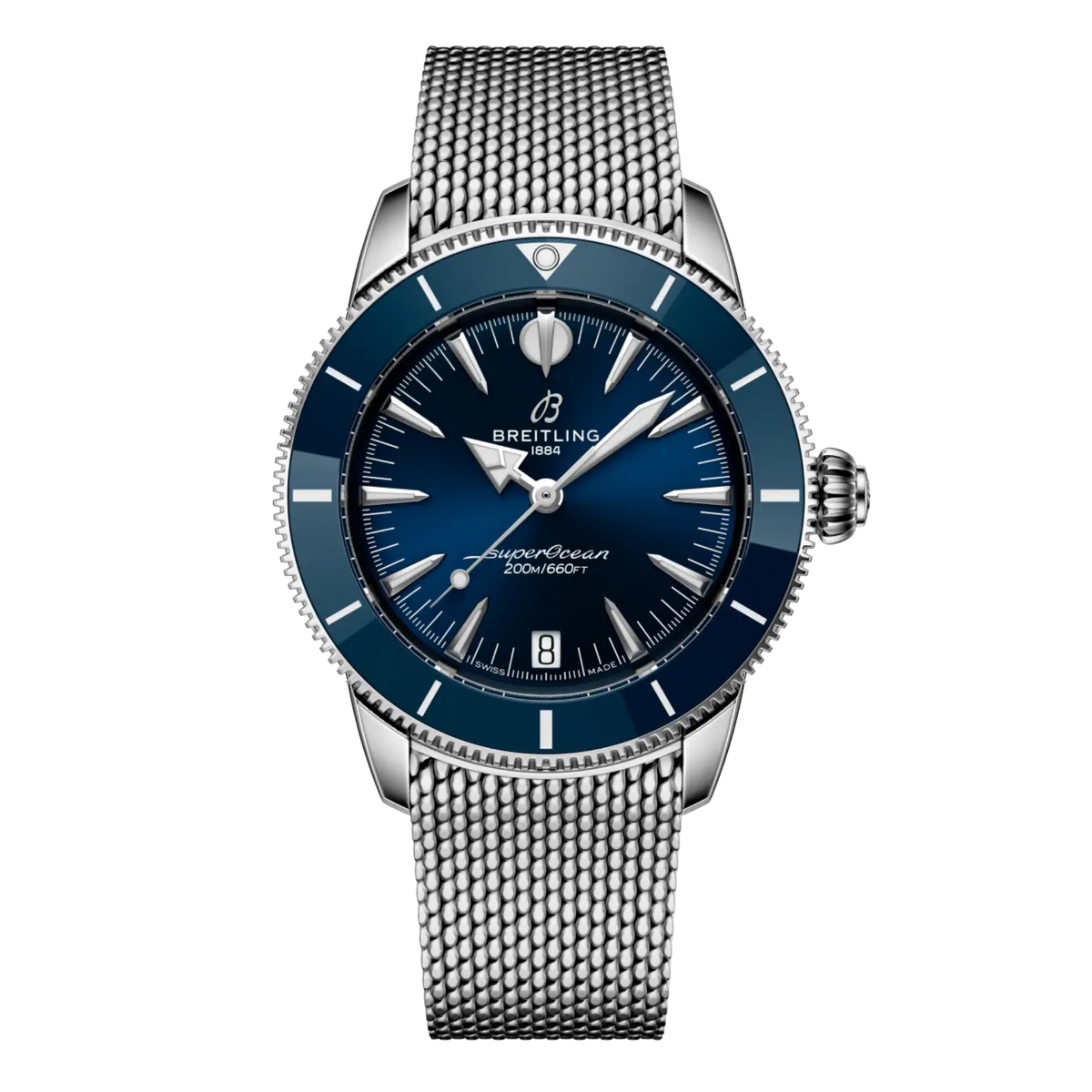Breitling Superocean Heritage blue dial stainless steel mesh bracelet watch
