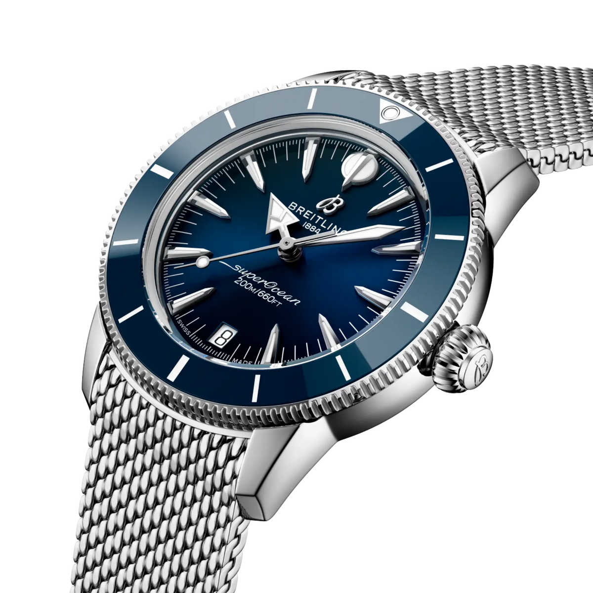 side view of Breitling Superocean Heritage stainless steel case blue bezel mesh bracelet detail