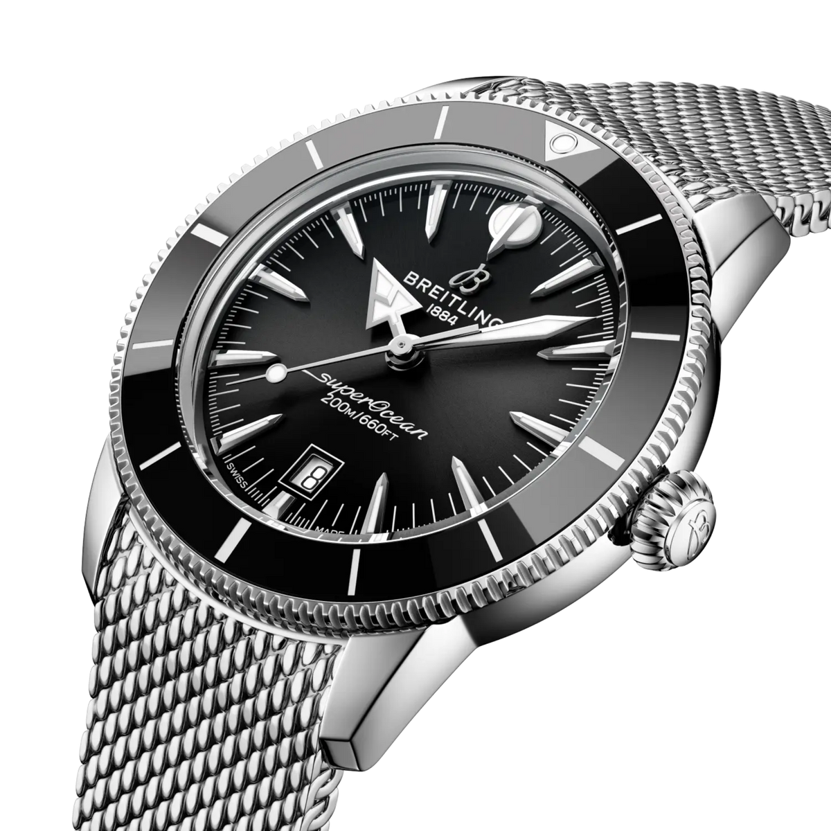 side view of Breitling Superocean Heritage stainless steel case black ceramic bezel mesh bracelet detail