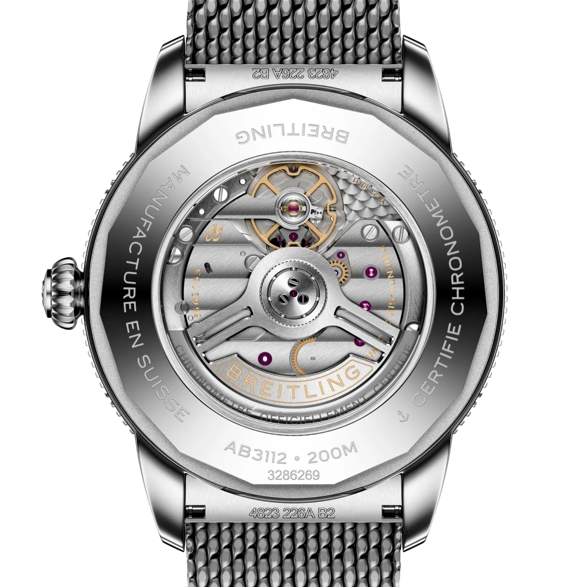 case back of Breitling Superocean Heritage stainless steel watch engraved 200m water resistant