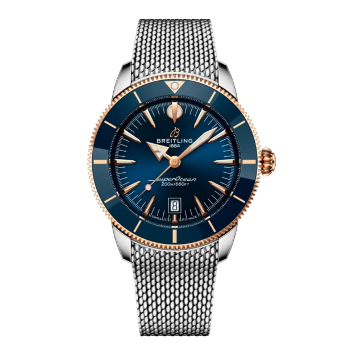 Breitling Superocean Heritage B31 Automatic 44mm watch with blue dial and stainless steel mesh bracelet