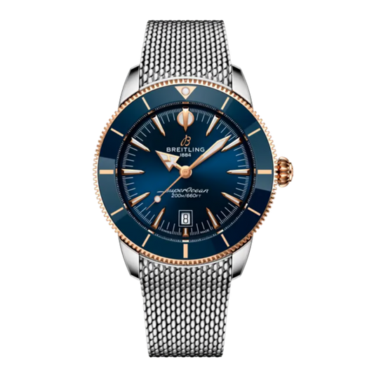 Breitling Superocean Heritage B31 Automatic 44mm watch with blue dial and stainless steel mesh bracelet