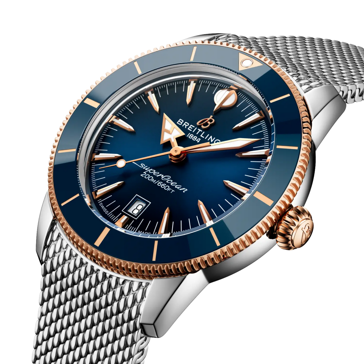 Breitling Superocean Heritage 44mm automatic watch with blue dial, red gold details and steel bracelet