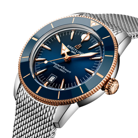 Breitling Superocean Heritage 44mm automatic watch with blue dial, red gold details and steel bracelet