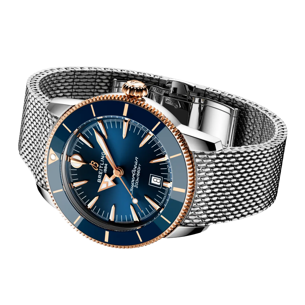 Breitling Superocean Heritage B31 watch with blue dial, ceramic bezel and stainless steel mesh bracelet