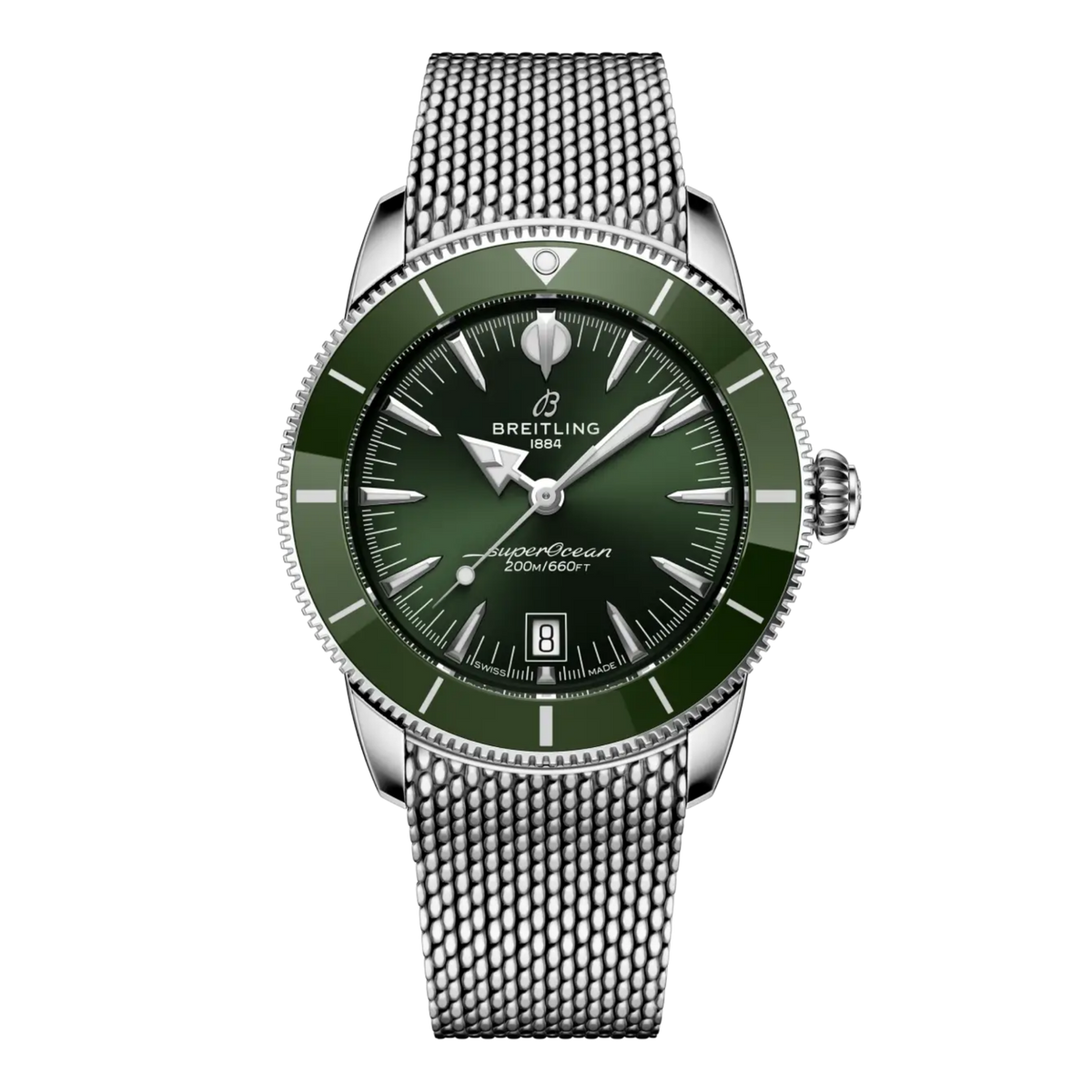 Breitling Superocean Heritage green dial stainless steel mesh bracelet watch