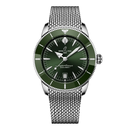 Breitling Superocean Heritage green dial stainless steel mesh bracelet watch