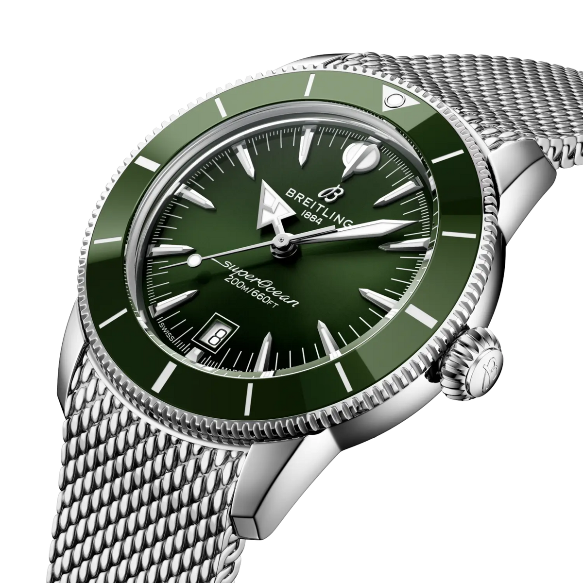 side view of Breitling Superocean Heritage stainless steel case green ceramic bezel mesh bracelet detail