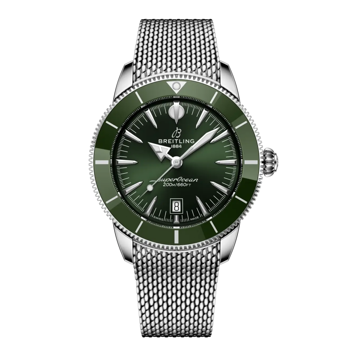 Breitling Superocean Heritage B31 Automatic 44mm watch with green dial and stainless steel mesh bracelet