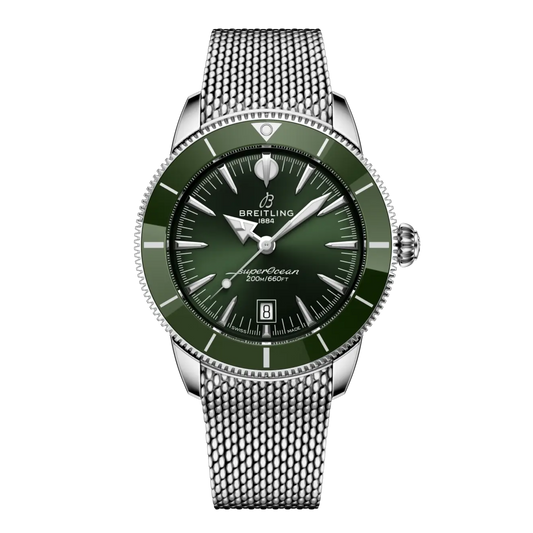 Breitling Superocean Heritage B31 Automatic 44mm watch with green dial and stainless steel mesh bracelet
