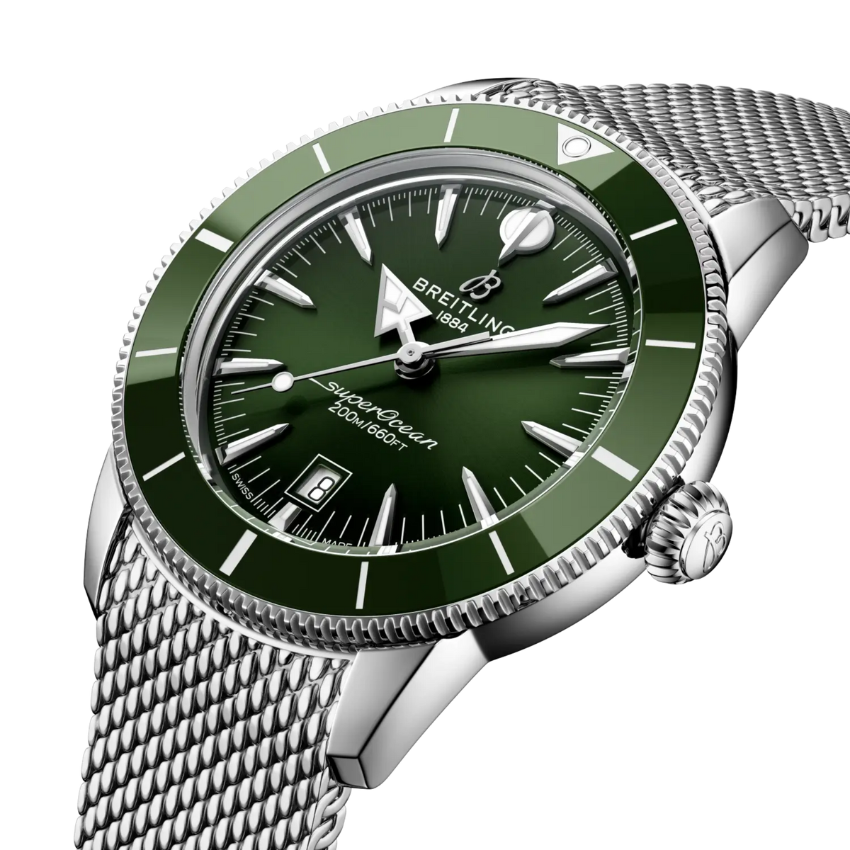 Breitling Superocean Heritage 44mm automatic watch with green dial, ceramic bezel and steel case