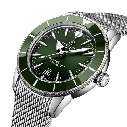 Breitling Superocean Heritage 44mm automatic watch with green dial, ceramic bezel and steel case