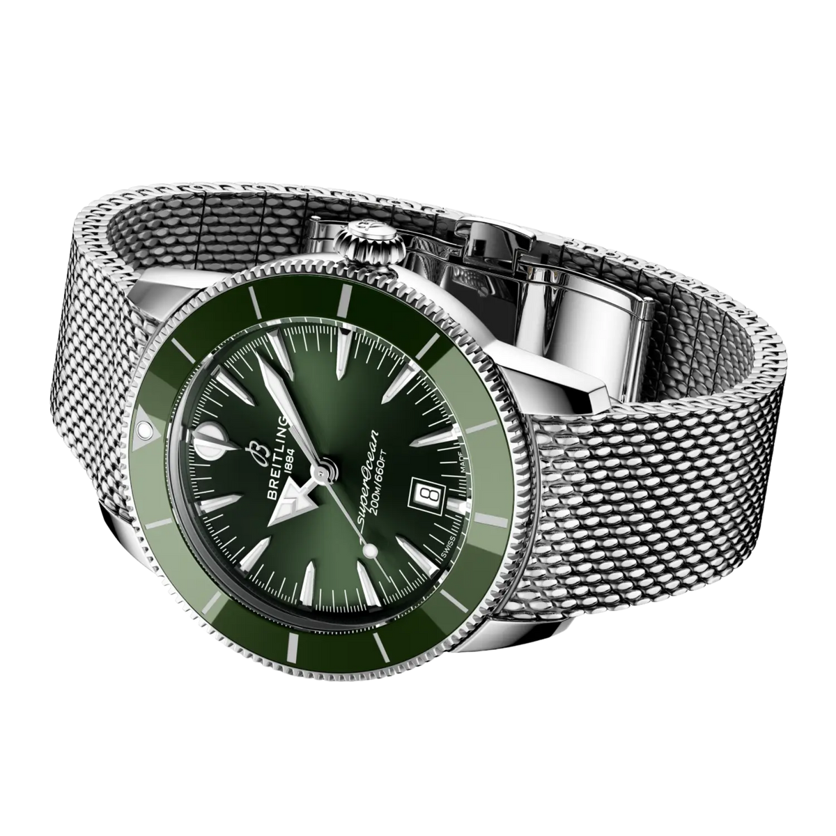 Breitling Superocean Heritage B31 watch with green dial, rotating ceramic bezel and mesh steel bracelet
