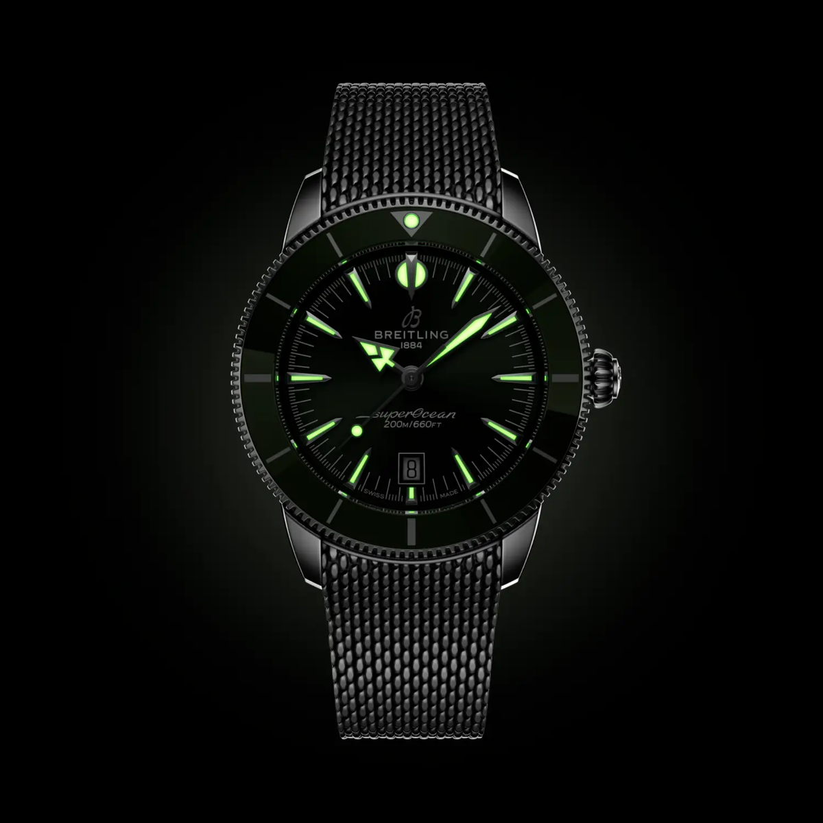 Breitling Superocean Heritage 44mm Swiss automatic watch with green dial and stainless steel bracelet