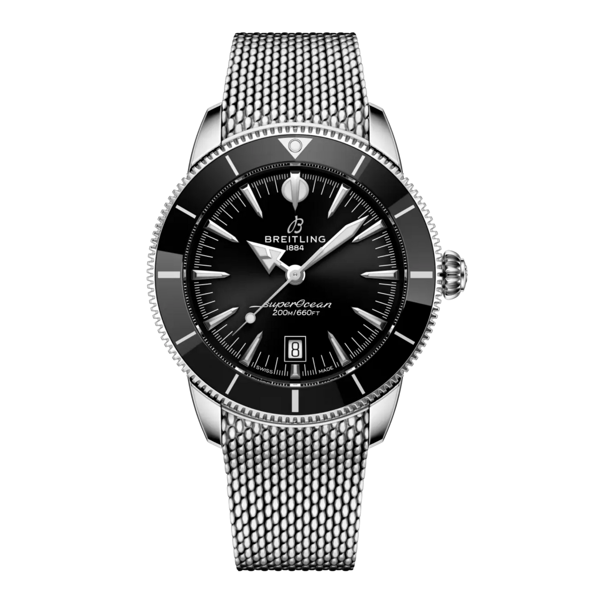 Breitling Superocean Heritage black dial stainless steel mesh bracelet watch