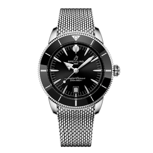Breitling Superocean Heritage black dial stainless steel mesh bracelet watch