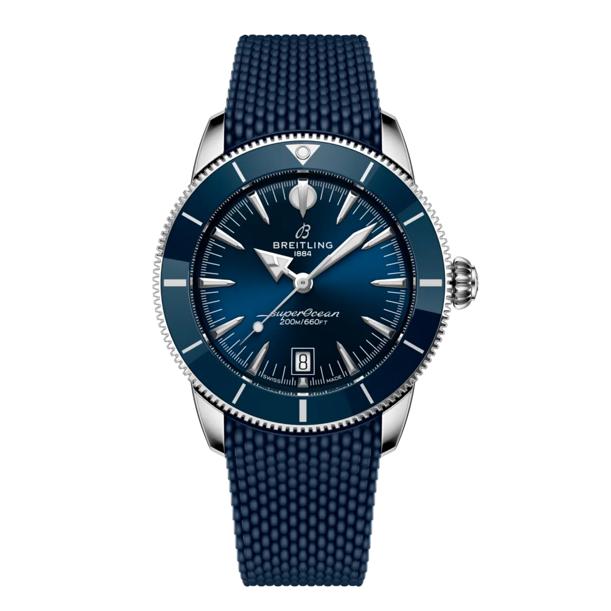 Breitling Superocean Heritage blue dial stainless steel watch with blue rubber strap