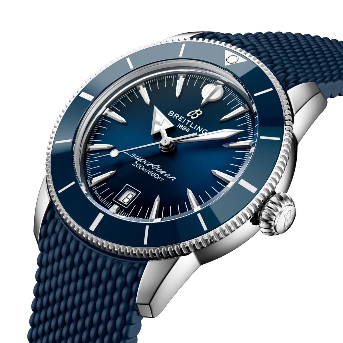 side view of Breitling Superocean Heritage stainless steel case with blue ceramic bezel and textured rubber strap