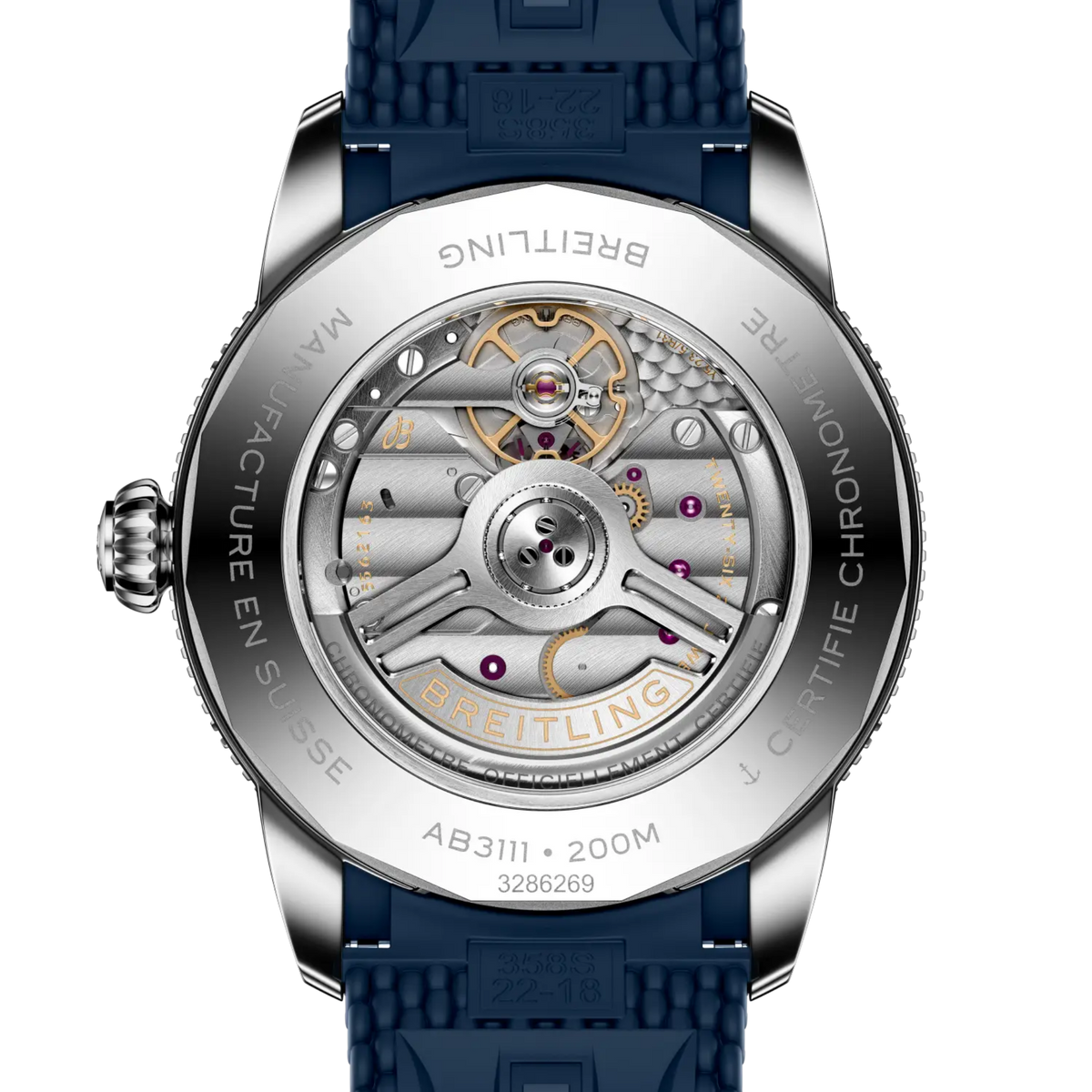 case back of Breitling Superocean Heritage stainless steel watch engraved with 200m water resistance