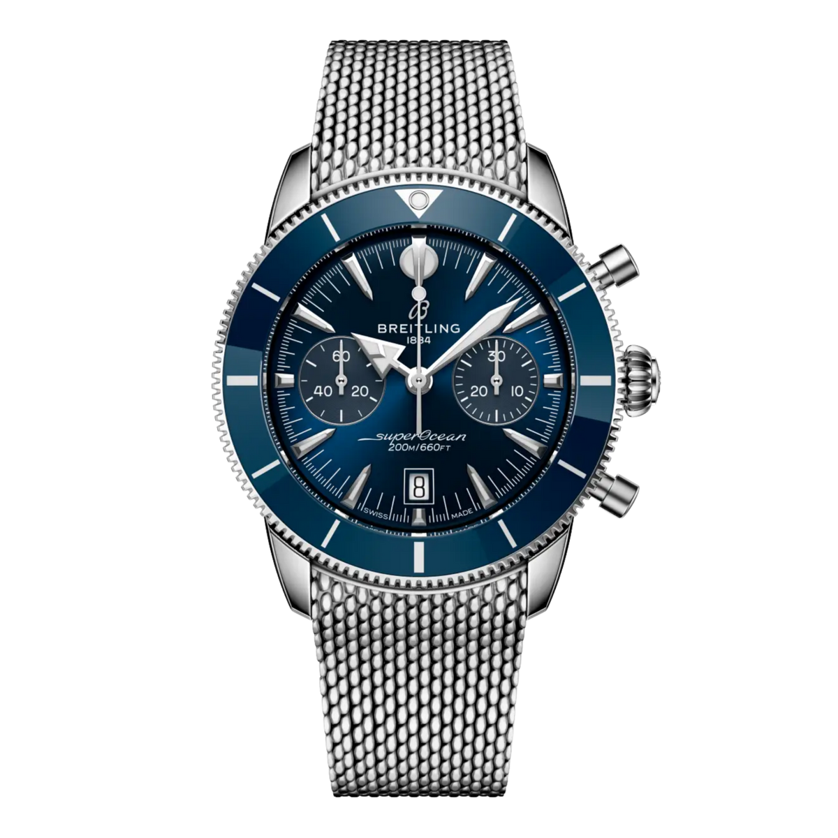 Breitling Superocean Heritage Chronograph blue dial stainless steel mesh bracelet watch
