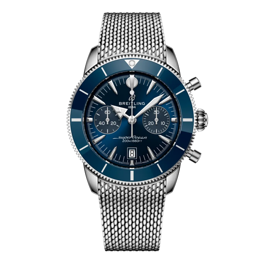 Breitling Superocean Heritage Chronograph blue dial stainless steel mesh bracelet watch