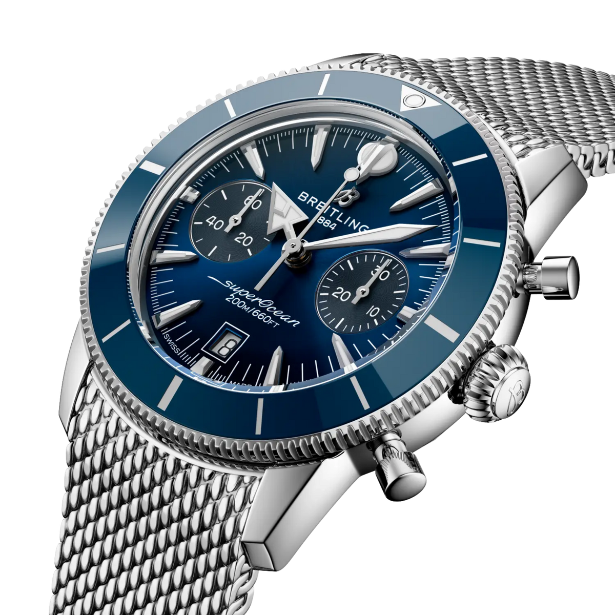 side view of Breitling Superocean Heritage Chronograph stainless steel case with blue ceramic bezel and chronograph pushers