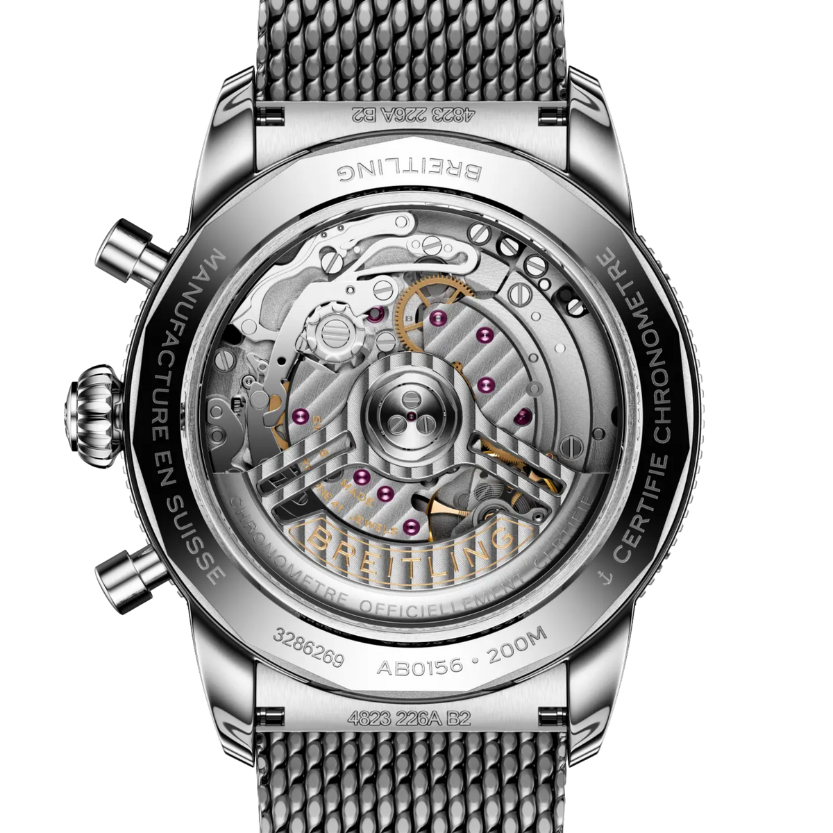 case back of Breitling Superocean Heritage Chronograph stainless steel watch engraved with 200m water resistance
