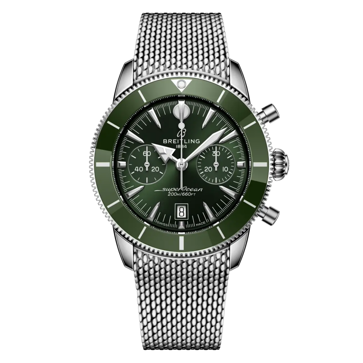 Breitling Superocean Heritage Chronograph green dial stainless steel mesh bracelet watch