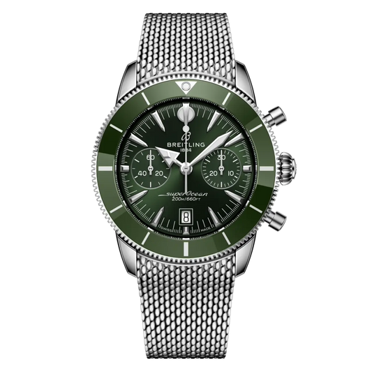 Breitling Superocean Heritage Chronograph green dial stainless steel mesh bracelet watch