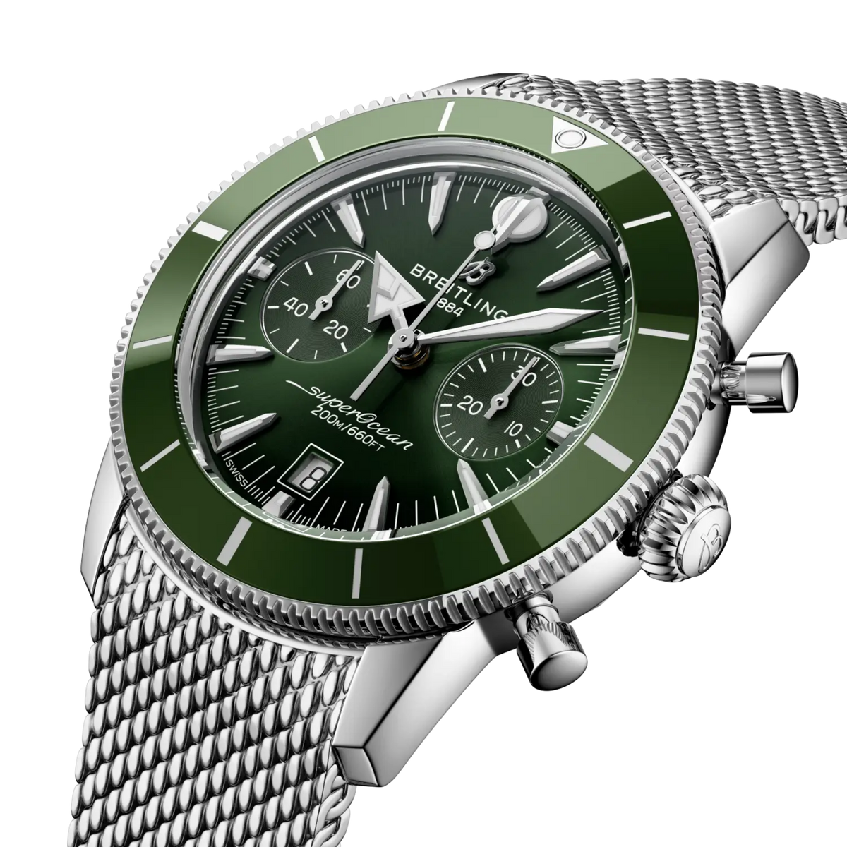 side view of Breitling Superocean Heritage Chronograph stainless steel case with green ceramic bezel and chronograph pushers